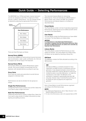 Page 28MONTAGE Owner’s Manual18
The MONTAGE has 16 Parts and basic musical instrument 
sounds are assigned to each Part. A single set of these 
sounds is called a “Performance.” You can change sounds 
as desired by selecting the appropriate Performance.
There are three Part types as follows.
Normal Parts (AWM2)
Normal Parts (AWM2) are mainly pitched musical instrument 
type sounds (piano, organ, guitar, synthesizer, etc.) that can 
be played over the full range of the keyboard.
Normal Parts (FM-X)
Normal Parts...