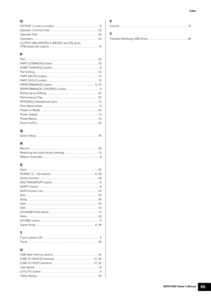 Page 75MONTAGE Owner’s Manual65
Index
O
OCTAVE [-] and [+] button ......................................................... 8
Operator Common Edit ............................................................. 33
Operator Edit ............................................................................ 33
Operators .................................................................................. 33
OUTPUT (BALANCED) [L/MONO] and [R] jacks 
(TRS balanced...