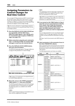 Page 104104MIDI
01V96i—Reference Manual
Assigning Parameters to 
Control Changes for 
Real-time Control
You can assign 01V96i parameters to MIDI Control Changes 
for real-time control. When the 01V96i receives a Control 
Change, the assigned 01V96i parameter is set accordingly. 
Also, when you adjust a parameter on the 01V96i, the 01V96i 
transmits the assigned Control Change message.
1.Press the DISPLAY ACCESS [DIO/SETUP] but-
ton repeatedly until the DIO/Setup | 
MIDI/Host page appears, then specify ports 
for...