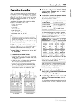 Page 111Cascading Consoles111
01V96i—Reference Manual
Other Functions
Cascading Consoles
The 01V96i features a Cascade Bus that enables cascade con-
nection. You can connect two 01V96is in cascade using the 
digital inputs and outputs, or the OMNI IN and OMNI OUT 
connectors. In this way, two consoles work just like one big 
console, integrating each unit’s Buses 1–8, Aux Sends 1–8, 
Stereo Bus, and Solo Bus.
The following functions are linked between two cascaded 
01V96is via the MIDI IN and OUT ports.
•...