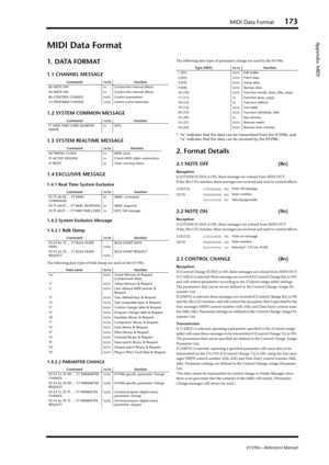 Page 173MIDI Data Format173
01V96i—Reference Manual
Appendix: MIDI
MIDI Data Format
1. DATA FORMAT
1.1 CHANNEL MESSAGE
1.2 SYSTEM COMMON MESSAGE
1.3 SYSTEM REALTIME MESSAGE
1.4 EXCLUSIVE MESSAGE
1.4.1 Real Time System Exclusive
1.4.2 System Exclusive Message
1.4.2.1 Bulk Dump
The following data types of bulk dump are used on the 01V96i.
1.4.2.2 PARAMTER CHANGE
The following data types of parameter change are used by the 01V96i.
* ‘tx’ indicates that the data can be transmitted from the 01V96i, and 
‘rx’...