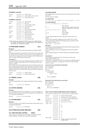 Page 174174Appendix: MIDI
01V96i—Reference Manual
If [TABLE] is selected
If [NRPN] is selected
*1) The second and subsequent STATUS need not be added during 
transmission. Reception must be implemented so that reception oc-
curs whether or not STATUS is present.
2.4 PROGRAM CHANGE (Cn)
Reception
If [Program Change ECHO] is ON, these messages are echoed from MIDI 
OUT.
If [Program Change RX] is ON and the [Rx CH] matches, these messages will 
be received. However if [OMNI] is ON, they will be received regardless...