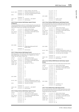 Page 175MIDI Data Format175
01V96i—Reference Manual
Appendix: MIDI
2.8.2.2 Scene memory bulk dump request format 
(compress)
The second and third bytes of the DATA NAME indicate the scene number that 
is being requested. If this is 256, the data of the Edit Buffer will be bulk-dumped. 
If this is 8192, the data of the Undo Buffer will be bulk-dumped.
2.8.2.3 Setup memory bulk dump format
Of the setup memory of the 01V96i, this bulk-dumps data other than the User 
Define MIDI Remote, User Defined Keys, User...