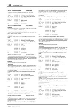 Page 184184Appendix: MIDI
01V96i—Reference Manual
2.8.3.21 Parameter request (Sort Table)
When the 01V96i receives this data, it will transmit Sort Table Data.
2.8.3.22 Parameter change (Key remote)
Reception
This is received if [Parameter change RX] is ON and the [Rx CH] matches the 
device number included in the SUB STATUS.
This is echoed if [Parameter change ECHO] is ON.
When this is received, the same processing that is executed when the key spec-
ified by Address is pressed (released).
Transmission
If...