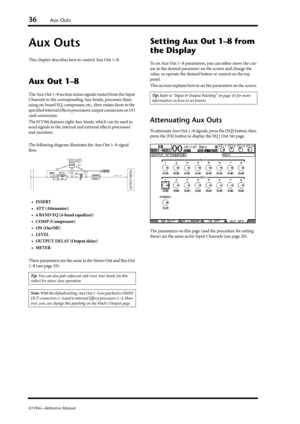 Page 3636Aux Outs
01V96i—Reference Manual
Aux Outs
This chapter describes how to control Aux Out 1–8.
Aux Out 1–8
The Aux Out 1–8 section mixes signals routed from the Input 
Channels to the corresponding Aux Sends, processes them 
using on-board EQ, compressor, etc., then routes them to the 
specified internal effects processors, output connectors or I/O 
card connectors.
The 01V96i features eight Aux Sends, which can be used to 
send signals to the internal and external effects processors 
and monitors.
The...