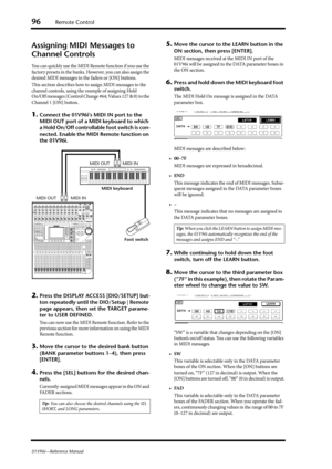Page 9696Remote Control
01V96i—Reference Manual
Assigning MIDI Messages to 
Channel Controls
You can quickly use the MIDI Remote function if you use the 
factory presets in the banks. However, you can also assign the 
desired MIDI messages to the faders or [ON] buttons.
This section describes how to assign MIDI messages to the 
channel controls, using the example of assigning Hold 
On/Off messages (Control Change #64; Values 127 & 0) to the 
Channel 1 [ON] button.
1.Connect the 01V96i’s MIDI IN port to the...