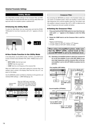 Page 1414
Utility Mode
The Utility Mode provides settings for the Crossover Filter and MIDI.
These settings are saved internally when you exit the Utility Mode and
kept even when the amplifier’s power is switched OFF.
Entering the Utility Mode
To enter the Utility Mode, from any mode press and hold the [FUNC-
TION] switch for more than 3 seconds, until “
utL” appears on the dis-
play.
INPUTTUNER
OUTSPEAKER
First amplifier (HPF 500Hz)
Second amplifier (LPF500Hz)
SPEAKERProduces
higher
frequencies
above 500Hz...