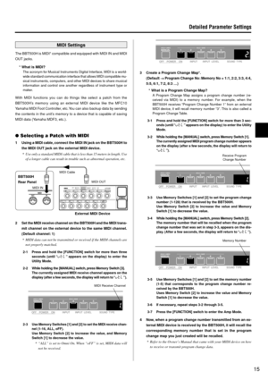 Page 1515
STATUS
DATA/CTRLBANK MSB/MAX
BANK LSB/MIN
TOGGLE ON-OFF
/NUMBER OF PGMDEC
/NOINC
/YESMEMORY
EDITPC
EDITWRITE
/EXIT±108.
8.
8.
Detailed Parameter Settings
MIDI Settings
The BBT500H is MIDI* compatible and equipped with MIDI IN and MIDI
OUT jacks.
* What is MIDI?
The acronym for Musical Instruments Digital Interface, MIDI is a world-
wide standard communication interface that allows MIDI compatible mu-
sical instruments, computers, and other MIDI devices to share musical
information and control one...