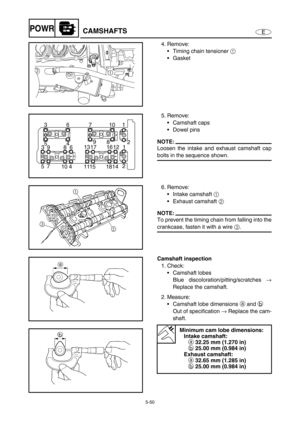 Page 1595-50
EPOWRCAMSHAFTS
4. Remove:
Timing chain tensioner 1 
Gasket
1
5. Remove:
Camshaft caps
Dowel pins
NOTE:
Loosen the intake and exhaust camshaft cap
bolts in the sequence shown.
1 10 7 6 3
2
14 18 15 11 4 10 7 52 8 9
4 5
1 12 16 17 13
6 8 9 3
6. Remove:
Intake camshaft 1 
Exhaust camshaft 2 
NOTE:
To prevent the timing chain from falling into the
crankcase, fasten it with a wire 3.
Camshaft inspection
1. Check:
Camshaft lobes
Blue discoloration/pitting/scratches →
Replace the camshaft.
2....