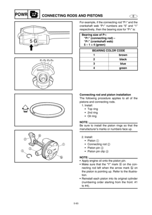 Page 2025-93
EPOWRCONNECTING RODS AND PISTONS
For example, if the connecting rod “P1” and the
crankshaft web “P
1” numbers are “5” and “1”
respectively, then the bearing size for “P
1” is:
Bearing size of P
1:
“P
1” (connecting rod) – 
“P
1” (crankshaft web)
5 – 1 = 4 (green)
BEARING COLOR CODE 
1brown
2 black
3blue
4 green5 G
P4P3P2P1
Connecting rod and piston installation
The following procedure applies to all of the
pistons and connecting rods.
1. Install: 
Top ring 
2nd ring 
Oil ring 
NOTE:
Be sure to...