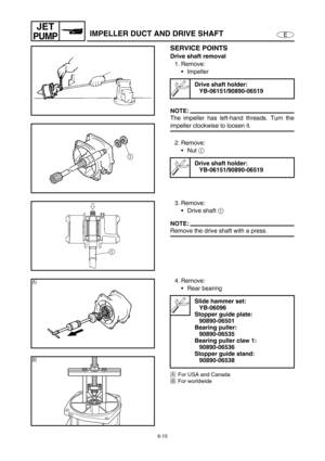 Page 2366-15
E
JET
PUMPIMPELLER DUCT AND DRIVE SHAFT
SERVICE POINTS
Drive shaft removal
1. Remove:
Impeller 
NOTE:
The impeller has left-hand threads. Turn the
impeller clockwise to loosen it.
2. Remove:
Nut 1
 
Drive shaft holder:
YB-06151/90890-06519
Drive shaft holder:
YB-06151/90890-06519
3. Remove:
Drive shaft 1
 
NOTE:
Remove the drive shaft with a press.
4. Remove:
Rear bearing
ÈFor USA and Canada
ÉFor worldwide
Slide hammer set:
YB-06096
Stopper guide plate:
90890-06501
Bearing puller:
90890-06535...