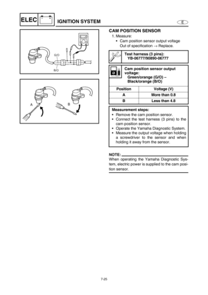 Page 2787-25
E
–+ELECIGNITION SYSTEM
CAM POSITION SENSOR
1. Measure:
Cam position sensor output voltage
Out of specification →
 Replace.
NOTE:
When operating the Yamaha Diagnostic Sys-
tem, electric power is supplied to the cam posi-
tion sensor.
Test harness (3 pins):
YB-06777/90890-06777
Cam position sensor output 
voltage:
Green/orange (G/O) – 
Black/orange (B/O)
Position Voltage (V)
A More than 0.8
B Less than 4.8
Measurement steps:
Remove the cam position sensor.
Connect the test harness (3 pins) to the...