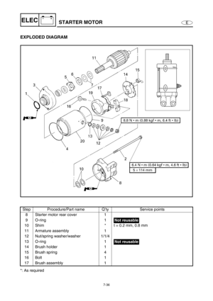 Page 2897-36
E
–+ELECSTARTER MOTOR
EXPLODED DIAGRAM
*: As requiredStep Procedure/Part name Q’ty Service points
8 Starter motor rear cover 1
9 O-ring 1
10 Shim * t = 0.2 mm, 0.8 mm
11 Armature assembly 1
12 Nut/spring washer/washer 1/1/4
13 O-ring 1
14 Brush holder 1
15 Brush spring 4
16 Bolt 1
17 Brush assembly 1
Not reusable
Not reusable 