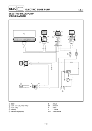 Page 2957-42
E
–+ELECELECTRIC BILGE PUMP
ELECTRIC BILGE PUMP
WIRING DIAGRAM
4321
8765
7 18 
L/RBrL
Y
R/YR/Y
R/Y
R/Y
R
Y
Br
Br
Br
BBB
B
B
B
RR
3 2 1
4 5
R
P
P
O R
B
R 
R 
R 1 2  3  4 5 6   7  8 
B
BB
R/Y R/YB Br
R/Y
R/Y
R/Y
R/YR/Y
R/Y
1ECM
2Main and fuel pump relay
3Fuse (3A)
4Battery
5Electric bilge pumpB: Black
Br : Brown
R: Red
Y : Yellow
R/Y : Red/yellow 