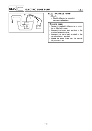 Page 2967-43
E
–+ELECELECTRIC BILGE PUMP
ELECTRIC BILGE PUMP
1. Check:
Electric bilge pump operation
Incorrect →
 Replace.
Checking steps:
Suspend the electric bilge pump in a con-
tainer filled with water.
Connect the brown lead terminal to the
positive battery terminal.
Connect the black lead terminal to the
negative battery terminal.
Check the water flows from the electric
bilge pump hose.
–+
B Br 