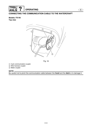 Page 3759-12
E
TRBL
ANLS
OPERATING
CONNECTING THE COMMUNICATION CABLE TO THE WATERCRAFT
Models: FX140
Top view
Fig. 18
13-pin communication coupler
2Wire harness coupler
3Meter coupler
NOTE:
Be careful not to pinch the communication cable between the hood
 and the deck
 or to damage it.
3 1
2 