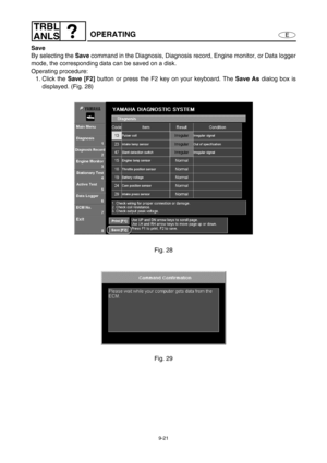 Page 3849-21
E
TRBL
ANLS
OPERATING
Save
By selecting the Save
 command in the Diagnosis, Diagnosis record, Engine monitor, or Data logger
mode, the corresponding data can be saved on a disk.
Operating procedure:
1. Click the Save [F2]
 button or press the F2 key on your keyboard. The Save As
 dialog box is
displayed. (Fig. 28)
Fig. 28
Fig. 29 