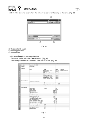 Page 3859-22
E
TRBL
ANLS
OPERATING
2. Select the disk and folder where the data will be saved and specify its file name. (Fig. 30)
Fig. 30
1Choose folder to save in
2Choose type of data
3Input file name
3. Click the Save
 button to save the data.
To cancel saving, click the Cancel
 button. (Fig. 30)
The data you saved can be viewed in Microsoft
® Excel. (Fig. 31)
Fig. 31 