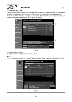 Page 3869-23
E
TRBL
ANLS
OPERATING
DIAGNOSIS RECORD
The diagnosis codes of malfunctions that have been recorded in the watercraft’s ECM, the diagnos-
tic codes’ corresponding part name, and the time when the malfunctions occurred are listed.
A maximum of five items can be displayed at one time. The oldest occurrence appears on top. In
addition, diagnosis codes stored in the ECM can be deleted.
Fig. 32
1Displays time of occurrence
2Displays troubleshooting procedures for selected code.
NOTE:
When a Diagnosis...