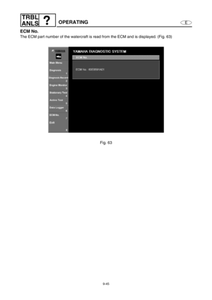 Page 4089-45
E
TRBL
ANLS
OPERATING
ECM No.
The ECM part number of the watercraft is read from the ECM and is displayed. (Fig. 63)
Fig. 63 
