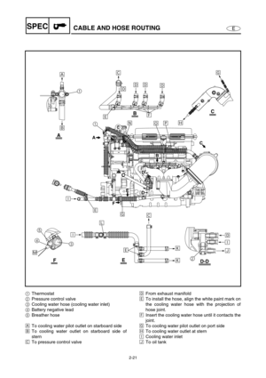 Page 422-21
ESPECCABLE AND HOSE ROUTING
BC
FE
A
D-D
Î
Ï Ë Ë Ë
Ë Ê
È
ÉÕ
Ö× Ì
Ð
Ì
Ó
Ø
Ð
ÔÌÊ
Ò
ÒÑ ÐË
C
A
F
E
B
2
45
3
1
1
D
D
Í
1Thermostat
2Pressure control valve
3Cooling water hose (cooling water inlet)
4Battery negative lead
5Breather hose
ÈTo cooling water pilot outlet on starboard side
ÉTo cooling water outlet on starboard side of
stern
ÊTo pressure control valveËFrom exhaust manifold
ÌTo install the hose, align the white paint mark on
the cooling water hose with the projection of
hose joint.
ÍInsert the...