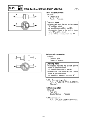 Page 844-5
EFUELFUEL TANK AND FUEL PUMP MODULE
Check valve inspection
1. Check:
Check valve
Faulty →
 Replace.
Checking steps:
Connect a hose to the end of check valve
“A” and blow into it.
Air should come out from end “B”.
Connect the hose to the end of check
valve “B” and blow into it.
Air should not come out from end “A”.
A
AB
B
Rollover valve inspection
1. Check:
Rollover valve
Faulty →
 Replace.
Fuel level sender inspection
Refer to “FUEL CONTROL SYSTEM” in
Chapter 7.
Fuel tank inspection
1. Inspect:...