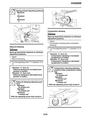 Page 124CHASSIS
3-31
         
Rebound damping
CAUTION:
ECA13590
Never go beyond the maximum or minimum 
adjustment positions.
1. Adjust:
Rebound damping
         
a. Turn the adjusting screw “1” in direction “a” or 
“b”.
          
Compression damping
CAUTION:
ECA13590
Never go beyond the maximum or minimum 
adjustment positions.
1. Adjust:
Compression damping (fast compression 
damping)
      ...