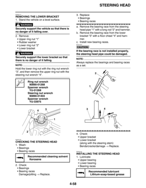 Page 191STEERING HEAD
4-58
EAS23110
REMOVING THE LOWER BRACKET
1. Stand the vehicle on a level surface.
WARNING
EWA13120
Securely support the vehicle so that there is 
no danger of it falling over.
2. Remove:
•Upper ring nut “1”
•Rubber washer
•Lower ring nut “2”
•Lower bracket
WARNING
EWA13730
Securely support the lower bracket so that 
there is no danger of it falling.
NOTE:
Hold the lower ring nut with the ring nut wrench 
“3”, and then remove the upper ring nut with the 
steering nut wrench “4”.
EAS23120...