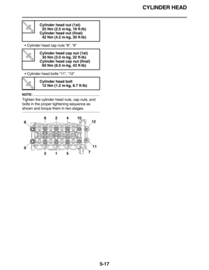 Page 226CYLINDER HEAD
5-17
Cylinder head cap nuts “8”, “9”
Cylinder head bolts “11”, “12”
NOTE:
Tighten the cylinder head nuts, cap nuts, and 
bolts in the proper tightening sequence as 
shown and torque them in two stages.
T R.. 
Cylinder head nut (1st)
25 Nm (2.5 m·kg, 18 ft·lb)
Cylinder head nut (final)
42 Nm (4.2 m·kg, 30 ft·lb)
T R.. 
Cylinder head cap nut (1st)
30 Nm (3.0 m·kg, 22 ft·lb)
Cylinder head cap nut (final)
60 Nm (6.0 m·kg, 43 ft·lb)
T R.. 
Cylinder head bolt
12 Nm (1.2 m·kg, 8.7 ft·lb)
862410...