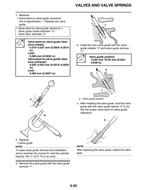 Page 229VALVES AND VALVE SPRINGS
5-20
1. Measure:
•Valve-stem-to-valve-guide clearance
Out of specification → Replace the valve 
guide.
2. Replace:
•Valve guide
NOTE:
To ease valve guide removal and installation, 
and to maintain the correct fit, heat the cylinder 
head to 100 °C (212 °F) in an oven.
         
a. Remove the valve guide with the valve guide 
remover “1”.b. Install the new valve guide with the valve 
guide installer “2” and valve guide remover 
“1”.
c. After...