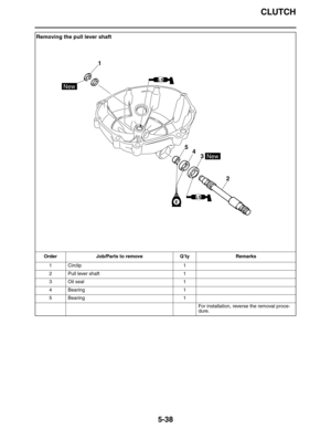 Page 247CLUTCH
5-38
Removing the pull lever shaft
Order Job/Parts to remove Q’ty Remarks
1 Circlip 1
2 Pull lever shaft 1
3 Oil seal 1
4 Bearing 1
5 Bearing 1
For installation, reverse the removal proce-
dure.
LS
New
New
E
5
4
3
2
LS
1 