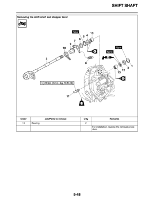 Page 257SHIFT SHAFT
5-48
13 Bearing 2
For installation, reverse the removal proce-
dure.
Removing the shift shaft and stopper lever
Order Job/Parts to remove Q’ty Remarks
3
10
9
765413
131221 8
11
LS
New
New
New
LT
E
E
T R..22 Nm (2.2 m • 
kg, 16 ft • Ib) 