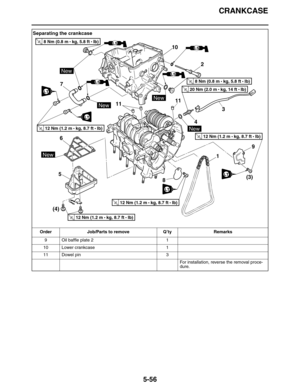 Page 265CRANKCASE
5-56
9 Oil baffle plate 2 1
10 Lower crankcase 1
11 Dowel pin 3
For installation, reverse the removal proce-
dure.
Separating the crankcase
Order Job/Parts to remove Q’ty Remarks
11
43 2
11
6
10
1
8
9
7
5
T R..8 Nm (0.8 m • 
kg, 5.8 ft • Ib)
T R..8 Nm (0.8 m • 
kg, 5.8 ft • Ib)
T R..12 Nm (1.2 m • 
kg, 8.7 ft • Ib)
T R..12 Nm (1.2 m • 
kg, 8.7 ft • Ib)
T R..12 Nm (1.2 m • 
kg, 8.7 ft • Ib)
T R..20 Nm (2.0 m • 
kg, 14 ft • Ib)
LS
New
New
New
New
New
LS
LS
LS
LT
LT
LTLT
(3)
LT
T R..12 Nm (1.2 m •...