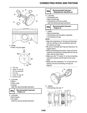 Page 274CONNECTING RODS AND PISTONS
5-65
3. Offset:
•Piston ring end gaps
4. Lubricate:
•Piston
•Piston rings
•Cylinder
(with the recommended lubricant)
5. Lubricate:
•Bolt threads
•Nut seats
(with the recommended lubricant)6. Lubricate:
•Crankshaft pins
•Big end bearings
•Connecting rod inner surface
(with the recommended lubricant)
7. Install:
•Big end bearings
•Connecting rod and piston assembly
•Connecting rod cap
NOTE:
•Align the projections on the big end bearings 
with the notches in the connecting rods...