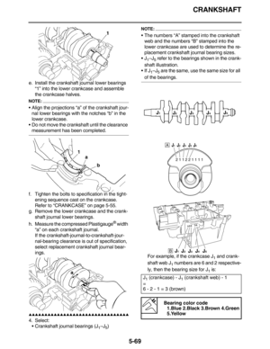 Page 278CRANKSHAFT
5-69
e. Install the crankshaft journal lower bearings 
“1” into the lower crankcase and assemble 
the crankcase halves.
NOTE:
 Align the projections “a” of the crankshaft jour-
nal lower bearings with the notches “b” in the 
lower crankcase.
 Do not move the crankshaft until the clearance 
measurement has been completed.
f. Tighten the bolts to specification in the tight-
ening sequence cast on the crankcase.
Refer to “CRANKCASE” on page 5-55.
g. Remove the lower crankcase and the crank-...