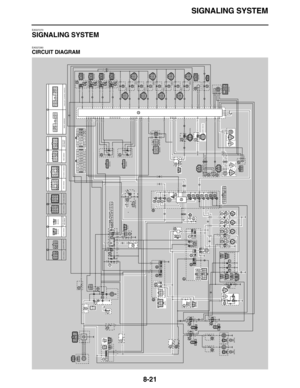 Page 344SIGNALING SYSTEM
8-21
EAS27270
SIGNALING SYSTEM
EAS27280
CIRCUIT DIAGRAM
Gy B Gy
B/L
B BL/BB ON
OFF
W W
G/Y L/W
R/W
R/BB Br
B
L
B
LR
RR RR/W L/WYL/RB Y L
B Br YB BB
R/LB
G/W
BrGRG/Y2R/W
Ch
ChB
B
B/L Y/GLP
B/WO/R
W
B/LL/Y
DgB
L
B/L
W/Y
L
B/LW/B
R/YB/GY/B2R/Y
Ch
ChB
B
Dg
DgB
BO
BB
B
B
B
B/G
B/YB Y
Gy/R
B/GB
B/YBL/R L/RB
Y/B1
B/W
Y/L
B/R R/G
BrG/W
L/W2Sb/W
B/YDg
Ch L
B/L
W/RL
W
B/LG/W
O/G
R/LR/BR/LL/BR/LW/L
R/LG/BR/LO/BR/LSb/WR/LBr/B
R/LBr/Y
Gy/GBr/R
R/W
Br/R
Br/R
Br/W
Br/W
O
O
C C
C
C B B A
B
D
D
D
CD A A...