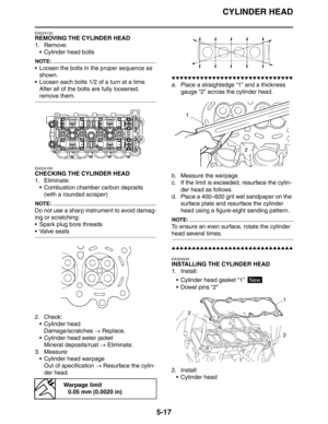 Page 206
CYLINDER HEAD
5-17
EAS24120
REMOVING THE CYLINDER HEAD
1. Remove: Cylinder head bolts
NOTE:
 Loosen the bolts in the proper sequence as shown.
 Loosen each bolts 1/2 of a turn at a time.  After all of the bolts are fully loosened, 
remove them.
EAS24160
CHECKING THE CYLINDER HEAD
1. Eliminate: Combustion chamber carbon deposits
(with a rounded scraper)
NOTE:
Do not use a sharp instrument to avoid damag-
ing or scratching:
 Spark plug bore threads
Valve seats
2. Check: Cylinder...