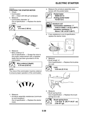 Page 227
ELECTRIC STARTER
5-38
EAS24790
CHECKING THE STARTER MOTOR
1. Check:CommutatorDirt  → Clean with 600 grit sandpaper.
2. Measure:  Commutator diameter “a”Out of specification  → Replace the starter 
motor.
3. Measure:  Mica undercut “a”Out of specification  → Scrape the mica to 
the proper measurement with a hacksaw 
blade that has been grounded to fit the 
commutator.
NOTE:
The mica of the commutator must be undercut 
to ensure proper operation of the commutator.
4. Measure:  Armature assembly...