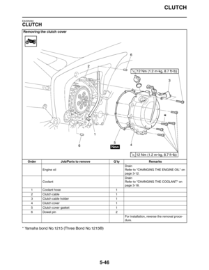 Page 235
CLUTCH
5-46
EAS25060
CLUTCH
* Yamaha bond No.1215 (Three Bond No.1215®)
Removing the clutch cover
Order Job/Parts to remove Q’ty RemarksEngine oil Drain
Refer to CHANGING THE ENGINE OIL on 
page 3-12.
Coolant Drain
Refer to CHANGING THE COOLANT on 
page 3-18.
1 Coolant hose 1
2Clutch cable 1
3 Clutch cable holder 1
4Clutch cover 1
5 Clutch cover gasket 1
6Dowel pin 2 For installation, reverse the removal proce-
dure. 