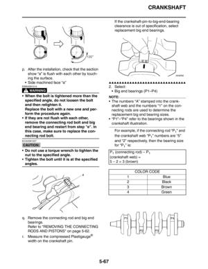 Page 256
CRANKSHAFT
5-67
p. After the installation, check that the section show “a” is flush with each other by touch-
ing the surface.
 Side machined face “a”
WARNING
EWA4S81014
 When the bolt is tightened more than the  specified angle, do not loosen the bolt 
and then retighten it.
Replace the bolt with a new one and per-
form the procedure again.
 If they are not flush with each other, 
remove the connecting rod bolt and big 
end bearing and restart from step e. In 
this case, make sure to replace the...