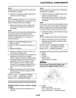 Page 371
ELECTRICAL COMPONENTS
8-70
NOTE:
Voltage should be measured 30 minutes after 
the machine is stopped.
b. Connect a charged and AMP meter to the battery and start charging.
NOTE:
Set the charging voltage at 16–17 V. If the set-
ting is lower, charging  will be insufficient. If too 
high, the battery will be over-charged.
c. Make sure that the current is higher than 
the standard charging current written on 
the battery.
NOTE:
If the current is lower than the standard charg-
ing current written on the...