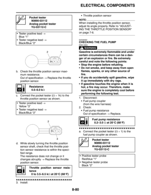 Page 381
ELECTRICAL COMPONENTS
8-80
b. Check the throttle position sensor maxi-mum resistance.
Out of specification  → Replace the throttle 
position sensor.
c. Connect the pocket tester ( Ω ×  1k) to the 
throttle position sensor as shown.
d. While slowly turning the throttle position  sensor shaft, check that  the throttle posi-
tion sensor resistance is within the speci-
fied range.
The resistance does not change or it 
changes abruptly  → Replace the throttle 
position sensor.
▲▲▲▲▲▲▲▲▲▲▲▲▲▲▲▲▲▲▲▲▲▲▲▲▲▲▲▲▲▲...