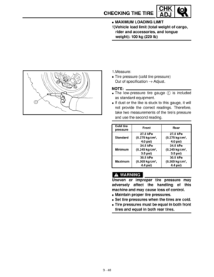 Page 1043 - 48
CHK
ADJ
CHECKING THE TIRE
MAXIMUM LOADING LIMIT
1)Vehicle load limit (total weight of cargo, 
rider and accessories, and tongue 
weight): 100 kg (220 lb)
1.Measure:
Tire pressure (cold tire pressure)
Out of specification →
 Adjust.
NOTE:
The low-pressure tire gauge 1
 is included
as standard equipment.
If dust or the like is stuck to this gauge, it will
not provide the correct readings. Therefore,
take two measurements of the tire’s pressure
and use the second reading.
WARNING
Uneven or...