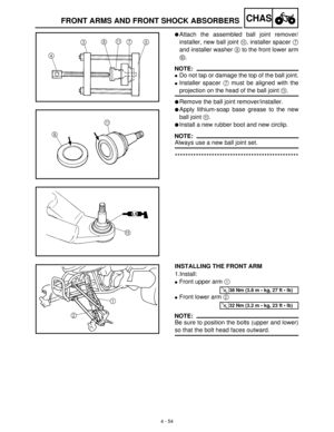 Page 1694 - 54
CHAS
Attach the assembled ball joint remover/
installer, new ball joint A
, installer spacer 7
and installer washer 8
 to the front lower arm
0
.
NOTE:
Do not tap or damage the top of the ball joint.
Installer spacer 7
 must be aligned with the
projection on the head of the ball joint A
.
Remove the ball joint remover/installer.
Apply lithium-soap base grease to the new
ball joint A
.
Install a new rubber boot and new circlip.
NOTE:
Always use a new ball joint set....