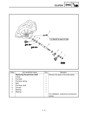 Page 2245 - 44
ENGCLUTCH
Order Job name/Part name Q’ty Remarks
Removing the pull lever shaft
Remove the parts in the order below.
1 Circlip 1
2Pull lever 1
3 Pull lever spring 1
4Bolt 1
5Pull lever shaft 1
6 Oil seal 1
7 Bearing 1
8 Bearing 1
For installation, reverse the removal pro-
cedure. 
