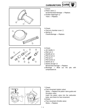 Page 2787 - 6
CARBCARBURETORS
4.Check:
Piston valve 1
 
Scratches/wear/damage →
 Replace.
Rubber diaphragm 2
 
Tears →
 Replace.
5.Check:
Vacuum chamber cover 1
 
Spring 2
 
Cracks/damage →
 Replace.
6.Check:
Jet needle 1
 
Main jet 2
 
Needle jet 3
 
Pilot air jet 4
 
Pilot jet 5
 
Pilot screw 6
 
Starter jet 7
 
Starter plunger 8
 
Bends/wear/damage →
 Replace.
Blockage →
 Blow out the jets with
compressed air.
7.Check:
Free movement (piston valve)
Sticks →
 Replace the piston valve guide and
the...