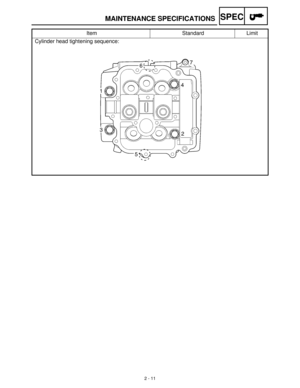 Page 332 - 11
SPEC
Cylinder head tightening sequence:Item Standard Limit
MAINTENANCE SPECIFICATIONS 