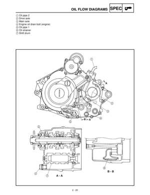 Page 472 - 25
SPEC
1Oil pipe 2
2Drive axle
3Main axle
4Engine oil drain bolt (engine)
5Oil pipe 1
6Oil strainer
7Shift drum
OIL FLOW DIAGRAMS 