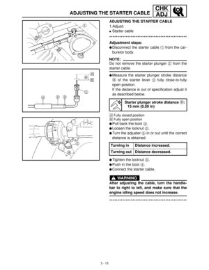 Page 713 - 15
CHK
ADJ
ADJUSTING THE STARTER CABLE
ADJUSTING THE STARTER CABLE
1.Adjust:
Starter cable
***********************************************
Adjustment steps:
Disconnect the starter cable 1
 from the car-
buretor body.
NOTE:
Do not remove the starter plunger 2
 from the
starter cable.
Measure the starter plunger stroke distance
a
 of the starter lever 3
 fully close-to-fully
open position.
If the distance is out of specification adjust it
as described below.
È
Fully closed position
É
Fully open...