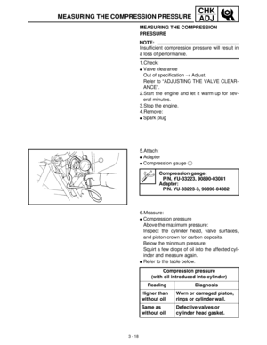 Page 743 - 18
CHK
ADJ
MEASURING THE COMPRESSION PRESSURE
MEASURING THE COMPRESSION 
PRESSURE
NOTE:
Insufficient compression pressure will result in
a loss of performance.
1.Check:
Valve clearance
Out of specification →
 Adjust.
Refer to “ADJUSTING THE VALVE CLEAR-
ANCE”.
2.Start the engine and let it warm up for sev-
eral minutes.
3.Stop the engine.
4.Remove:
Spark plug
5.Attach:
Adapter
Compression gauge 1
 
Compression gauge:
P/N. YU-33223, 90890-03081
Adapter:
P/N. YU-33223-3, 90890-04082
6.Measure:...